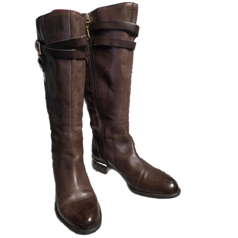 Franco Sarto Stylish Lea Celeste. Brown Leather Knee-High Tall Riding Boots - Picture 3 of 6